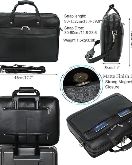 Masa Kawa Leather Briefcase for Men 17/15.6" Laptop Crossbody Shoulder Messenger Bag Business Travel Work Attache Case