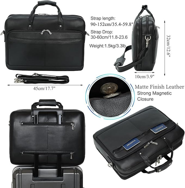 Masa Kawa Leather Briefcase for Men 17/15.6" Laptop Crossbody Shoulder Messenger Bag Business Travel Work Attache Case