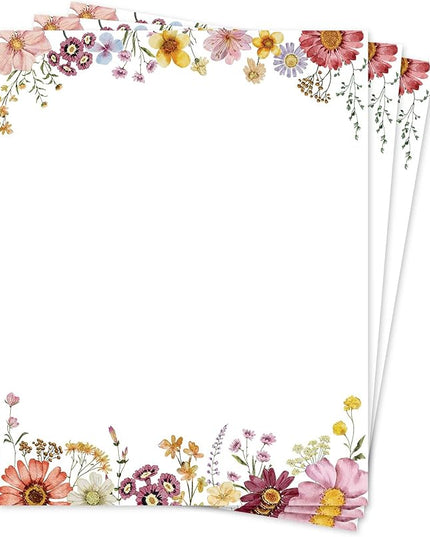 Flower Paper Stationery, Floral Letterhead Paper 8.5 x 11 Inches, 50 Sheets, Elegant Writing Paper, Pretty Stationary Paper, Decorative Printer Papr, Spring Wildflower Letter Paper Set