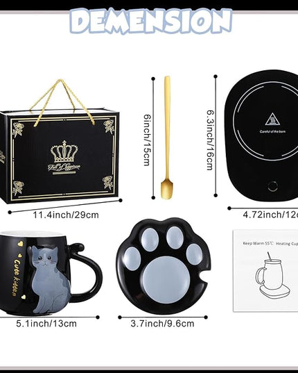 Honeydak Coffee Mug Warmer Cute Cat Mug Set Cup Warmer for Women Heated Coffee Warmers for Mom Home Office Desk Valentine's Day Anniversary Birthday Gifts(Cat,Black)