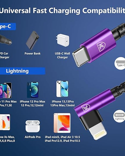 90 Degree iPhone Charger Cables 6FT, USB C to Lightning Cable [Apple MFi Certified] 3Pack Fast Charging, Nylon Braided USB C Lightning Cable Compatible with iPhone 14/13/12/11/Pro Max/Plus/8/7-Purple