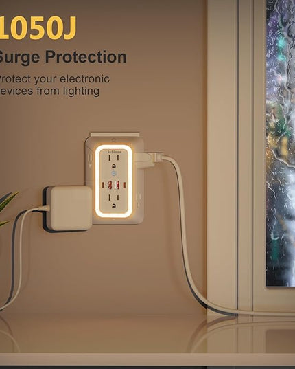 Wall Outlet Extender with Night Light, Power Plug Adapter Multi Plug Outlet Surge Protector with 4 USB Charging Ports (2 USB C), Adapter Spaced Outlets for Home Travel Office