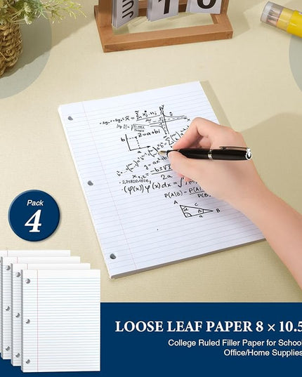PINJINGPRO College Ruled Loose Leaf Paper, 3 Hole Punch Paper 8 x 10.5, Notebook Paper, Filler Paper for 3 Ring Binders, Lined Paper College Ruled, 100 Sheets/Pack Writing Paper With Lines (4 Pack)