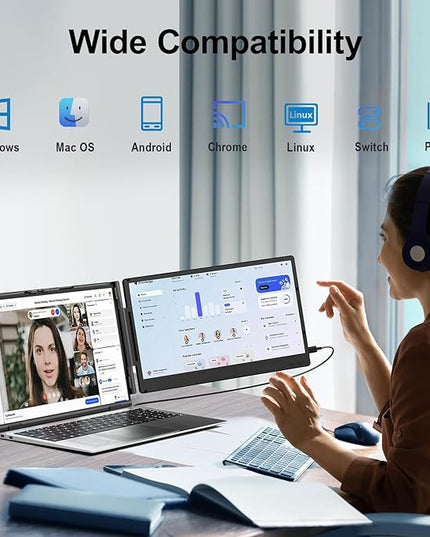 Cevaton Laptop Screen Extender, 14" FHD 1080P Portable Monitor for Laptop, Plug & Play Screen Extender, Auto Adjust Width Dual Monitor for 13" - 17" Laptops, Compatible for MacOS/Wins/Chrome/Dex