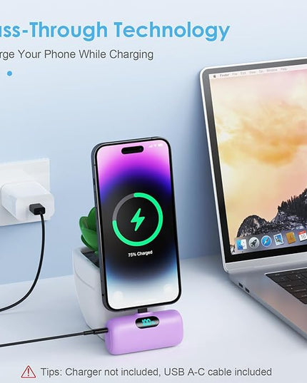 [2 Pack] Small Portable Charger for iPhone,Upgraded 5000mAh PD Fast Charging Power Bank, LCD Display Cute Mini Battery Pack Compatible with iPhone 14/14 Pro Max/13/13 Pro/12 Pro/11/XR/X/8,Blue+Purple