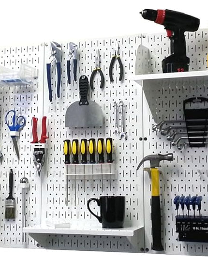 Wall Control Pegboard Organizer 4 ft. Metal Pegboard Standard Tool Storage Kit & Pegboard Paper Towel Holder and Dowel Rod Pegboard Shelf Assembly for Pegboard and Slotted Tool Board – White