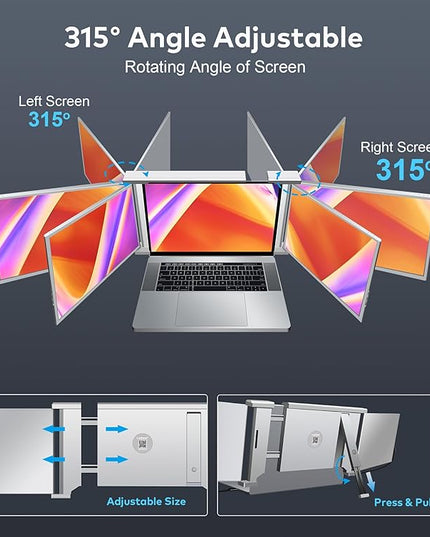 Laptop Screen Extender, 14" FHD 1080P IPS Laptop Monitor Extender, 315° Rotation Triple Portable Monitor for 13.5" -16.5" Laptops, Type-C/HDMI/USB-A Plug & Play for Wins, Mac, Android, Switch