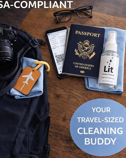 Lit Screen Cleaner Spray Kit (80 mL) + Microfiber Cloth — for Phone, iPad, Tablet, Laptop, Monitor, TV, Camera Lenses & Eyeglasses — Streak-Free, Alcohol-Free & Ammonia-Free, Travel Size