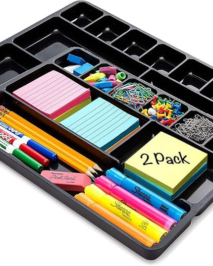 Desk Drawer Organizer Tray with 9 Storage Compartments - For Home and Office - Drawer Organizers Office, Perfect Organizing Pens, Pencils, Paper Clips, Sticky Notes and all your Supplies - 2 Pack