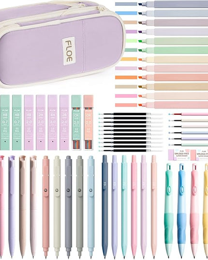 65PCS Aesthetic School Supplies with Cute Pencil Case, Pastel Highlighters Gel Pens Mechanical Pencils Set 0.5 0.7 & 2.0mm, Office Back to School Supplies College Essentials Kit Student Stationary Set