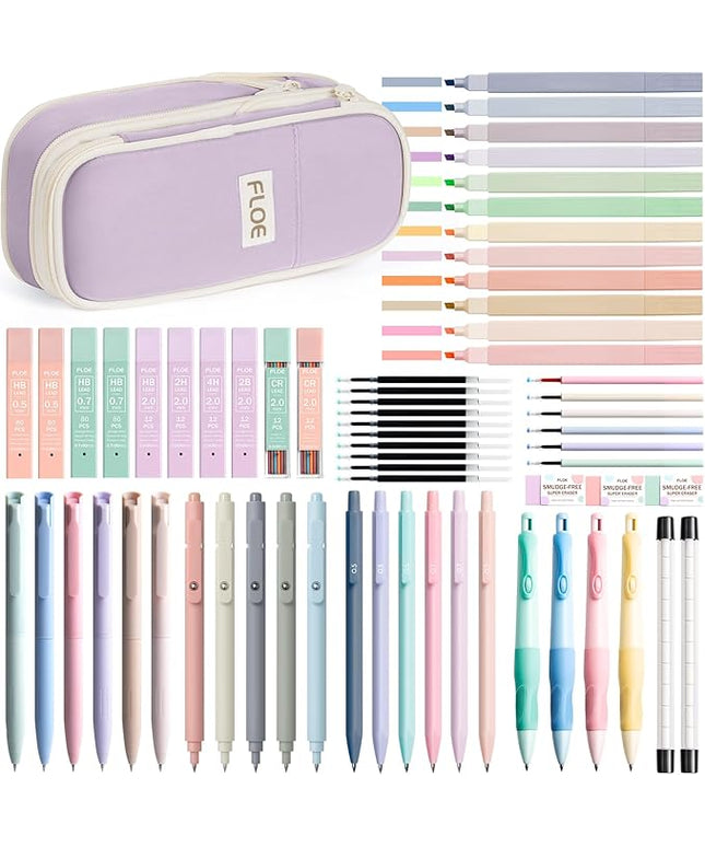 65PCS Aesthetic School Supplies with Cute Pencil Case, Pastel Highlighters Gel Pens Mechanical Pencils Set 0.5 0.7 & 2.0mm, Office Back to School Supplies College Essentials Kit Student Stationary Set