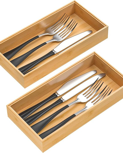 Silverware Tray for Drawer, Stackable Kitchen Bamboo Drawer Organizer 12" x 6" x 2" Set of 2