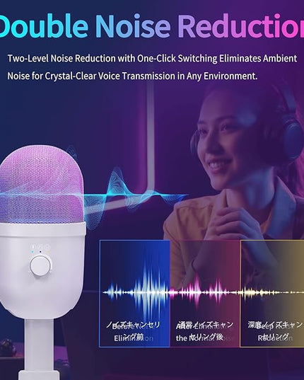 USB Microphone for PC - Computer Gaming Mic with RGB Lighting for PS4&5,Dual Audio Mixing,Mute,Headphone Output,192KHz/24Bit Hi-Fi Condenser Microphone for Streaming,Singing,Podcast-White