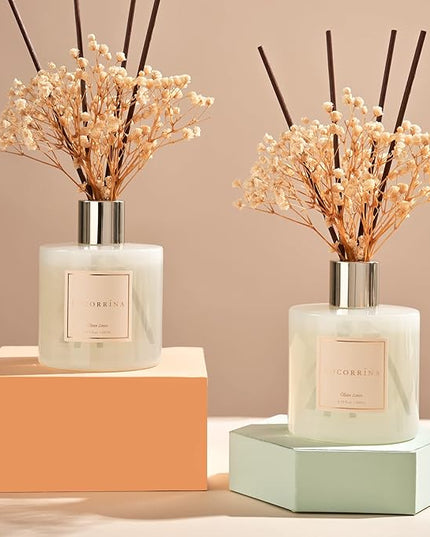 Cocorrína Reed Diffuser Set, 6.7 fl.oz Clean Linen 2 Packs Scented Diffuser with Sticks Home Fragrance Reed Diffuser for Bathroom Shelf Decor