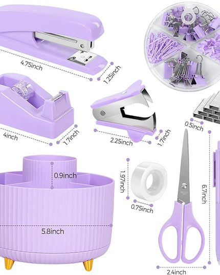 SKYDUE Purple Office Supplies Set, Purple Office Desk Accessories 10PCS, Pencil Holder for Desk, Stapler, Tape Dispenser, Scissors, Ruler, Binder/Paper Clips and 1000pcs Staples,Desk Supplies Set