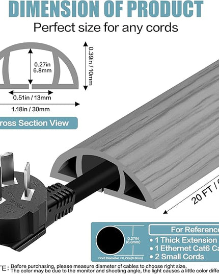 Floor Cord Cover Self Adhesive Cord Hider,20FT Cable Management, Extension Strip Protector for Wires, Prevent Cable Trips for Offices, Gyms, Exhibitions Cavity:0.39"(W) x 0.27"(H) Gray Wood