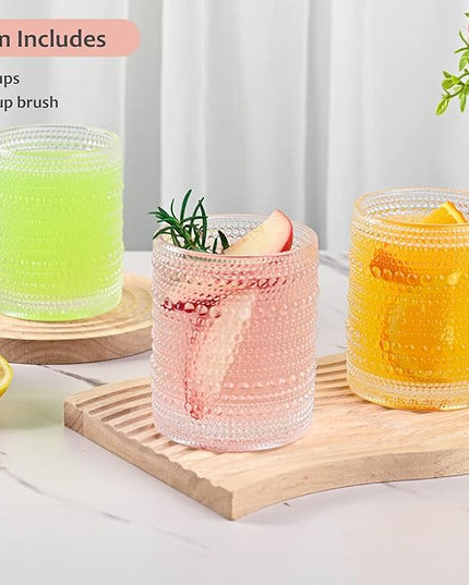 Vintage Glassware Drinking Glasses Set of 6,12 oz Hobnail Glass Cups,Embossed Clear Water Tumbler,for Beer,Cocktail,Whiskey,Juice and Various Mixed Drinks- 1 Cleaning Brush