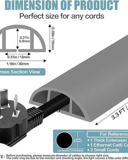Floor Cord Cover Self Adhesive Cord Hider,3.3FT Cable Management, Extension Strip Protector for Wires, Prevent Cable Trips for Offices, Gyms, Exhibitions Cavity:0.39"(W) x 0.27"(H) Gray