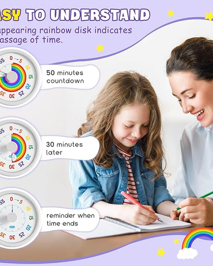 HIPPIH Visual Timer for Kids, 60 Minute Countdown Timers for Classroom Kitchen Office, Rainbow Disk Desk Timer Clock with Silent Operation, Pomodoro Timer Time Management Tools for Toddler ADHD White