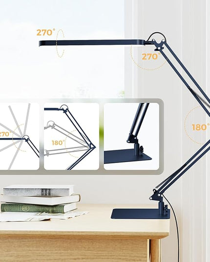 SKYLEO LED Desk Lamp with Slim Base - Adjustable Swing Arm Desk Light, Dimmable, Timer, Eye Protection, Memory Function, 1300LM, 12W, Blue