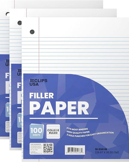 Loose Leaf Paper College Ruled Notebook Paper College Ruled Lined Writing Filler Paper 10.5” x 8” 300 Sheets 100 Sheets Per Pack 60 gsm (3 Pack)