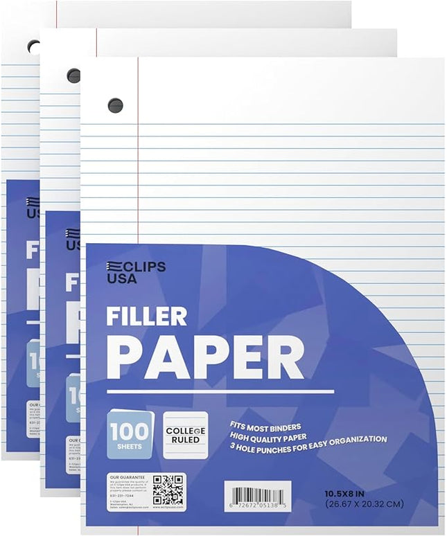 Loose Leaf Paper College Ruled Notebook Paper College Ruled Lined Writing Filler Paper 10.5” x 8” 300 Sheets 100 Sheets Per Pack 60 gsm (3 Pack)