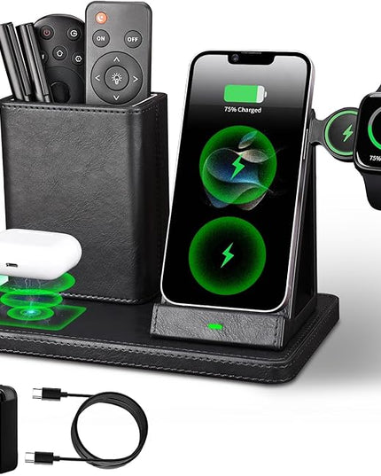 LADSTAG Office Supplies Desk Accessories,Pen Holder Remote Control Holder, Organizer with Phone Charger,Nightstand Desktop Organizer,Black Leather Desk Organizer With Charging Station (black)