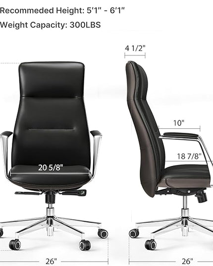 EUREKA ERGONOMIC Royal Slim Executive High Back Black Leather Office Chair, Home Desk Chair for Adults, Big and Tall with Wheels, Swivel Rolling