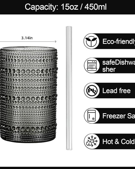 Vintage Hobnail Drinking Glasses Set of 12, 15oz Textured Tumblers - Embossed Grey Bar Glasses for Cocktails, Beer, Whiskey, Dishwasher-Safe Highball Cups for Kitchen, Juice & Mixed Drinks