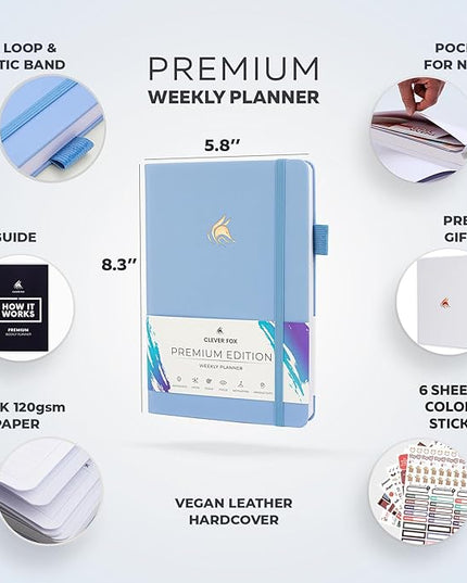 Clever Fox Planner Premium Edition – Undated Luxurious Weekly & Monthly Planner to Increase Productivity and Hit Your Goals – Organizer – Start Anytime, A5, Lasts 1 Year, Light Blue (Weekly)