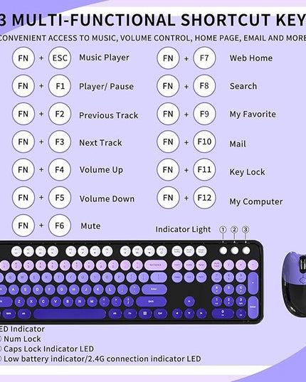 Wireless Keyboard and Mouse, 104 Round Keycaps Retro Typewriter with OTG & Brush, Full-Size Ergonomic, Ideal for Windows PC, Home, Office and College Purple Pink