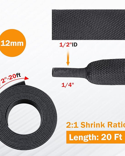 FOURUB 2:1 Ratio Flat Heat Shrinkable Braided Sleeving,Electrical Insulating Tubing,Durable Automotive Fabric Harness Shrinking Sheath (1/2"-20ft)