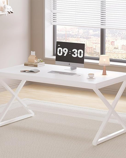 IBF White Computer Desk, Modern Home Office Desk for Writing Work Study, Simple Wooden Metal Pc Gaming Desk in Bedroom, Executive Laptop Workstation Computer Table, White Oak, 55 Inch