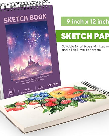 Soucolor 9"x12" Sketch Book for Women Sketch Book, 100 Sheets (68lb/100gsm) Drawing Paper, Art Supplies for Adults, 1-Pack