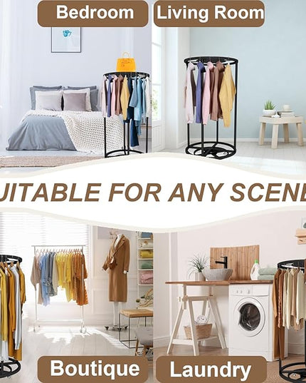 Rotatable Round Garment Display Rack, Floor-Standing Double Space Multi-Purpose Metal Shelf for Clothes Storage, Commercial Clothing Organizer in Retail Boutiques (Black, 27.6"x 51.2")