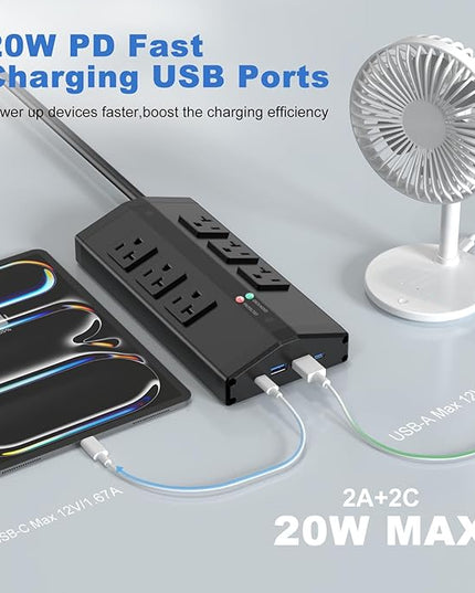 JUNNUJ Heavy Duty Surge Protector Power Strip with 6 Plug 4 USB Ports, 20 Amp 12 Gauge 6 FT Extension Cord with Multiple Outlets. Metal Wall Mount Outlet Extender for Garage Industrial Shop