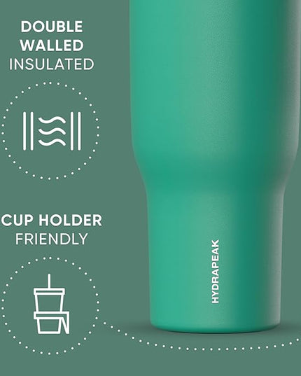 Hydrapeak Voyager 40 Oz Stainless Steel Tumbler with Handle, Insulated Water Bottle With Straw & Lid, Cupholder Friendly Reusable Travel Mug (Kelly Green)