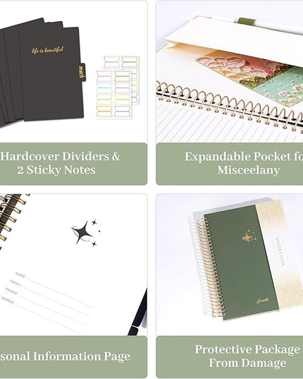 FLYING EAGLE Leather Spiral Notebooks for Work 5 Subject Notebook College Ruled with Dividers Pen, 360 Pages B5 Hardcover Lined Journals for Women Men Writing,Green