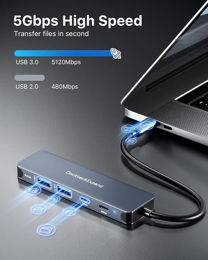 USB-C Hub 5-in-1 with 4K HDMI, 100W Power Delivery, 5Gbps USB-C Data Port and 2 5Gbps USB-A Data Ports for MacBook Pro/Air, iPad Pro/Air, Dell XPS