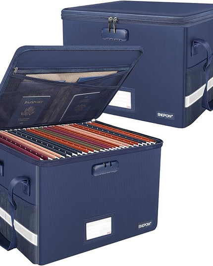 ENGPOW File Box with Lock, Fireproof Document Box with Pockets, Collapsible File Organizer Filing Storage Cabinet with Handle, Portable Home Office Safe for Hanging Letter/Legal Folders, Blue, 2 Pack