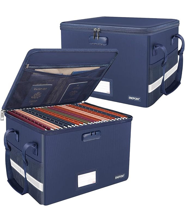 ENGPOW File Box with Lock, Fireproof Document Box with Pockets, Collapsible File Organizer Filing Storage Cabinet with Handle, Portable Home Office Safe for Hanging Letter/Legal Folders, Blue, 2 Pack