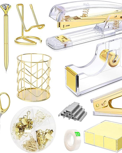 Gold Desk Accessories, Acrylic Stapler, Staple Remover, Tape Holder, Pen Holder, Ballpoint Pen, Scissor, Binder Clips, 1000pcs Staples, Phone Holder, Ruler, Transparent Glue and 300 Notes