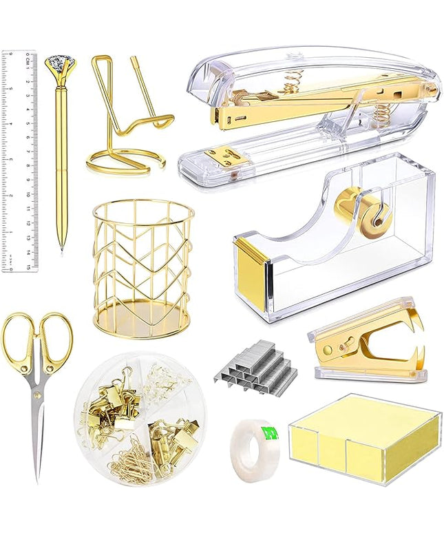 Gold Desk Accessories, Acrylic Stapler, Staple Remover, Tape Holder, Pen Holder, Ballpoint Pen, Scissor, Binder Clips, 1000pcs Staples, Phone Holder, Ruler, Transparent Glue and 300 Notes