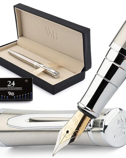 Wordsworth & Black Fountain Pen Set, Fine Nib, Includes 24 Pack Ink Cartridges, Ink Refill Converter & Gift Box, Chrome Finish Finish, Calligraphy, [Silver Chrome], Perfect for Men & Women