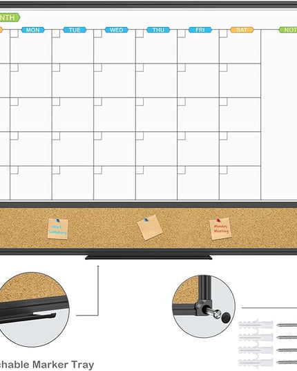 JILoffice Magnetic Calendar Whiteboard & Bulletin Corkboard Combination, Combo Board 36 x 24 Inch, Black Aluminum Frame Wall Mounted Board for Office Home and School with 10 Push Pins