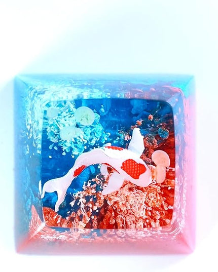Kohaku Koi Artisan Keycap Teal and Red Ocean R1 SA Profile Custom Keycaps 1U ESC Handmade Gaming Resin Key Cap Cherry MX Switch Compatible Mechanical Keyboard Koi Lover Gift