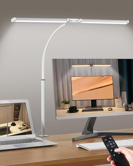 Led Desk Lamp for Home Office, Eye-care Architect Light with Clamp, Smart Double Head Computer Monitor Table Clip Lamp, Adjustable Flexible Goose-Neck, 25 Lighting Models, Task Lamp, White and Sliver