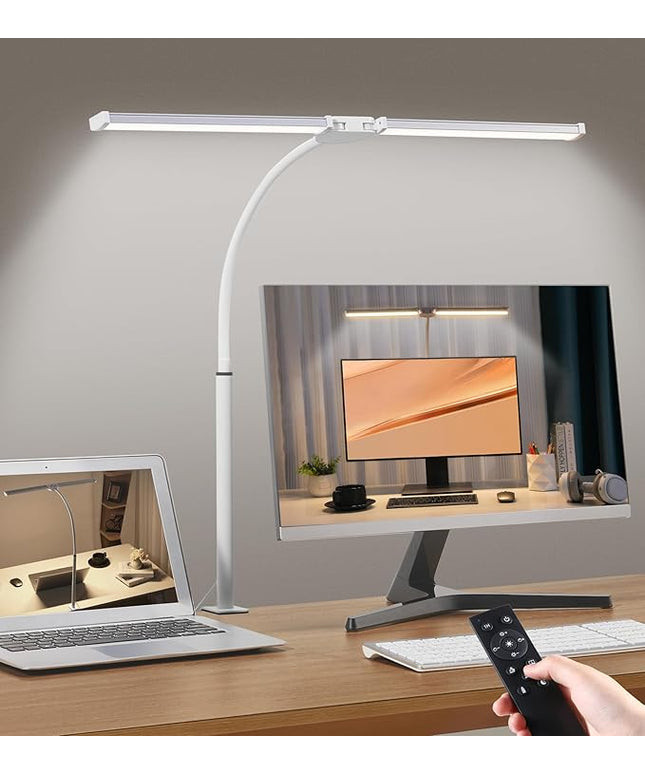 Led Desk Lamp for Home Office, Eye-care Architect Light with Clamp, Smart Double Head Computer Monitor Table Clip Lamp, Adjustable Flexible Goose-Neck, 25 Lighting Models, Task Lamp, White and Sliver