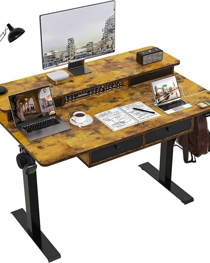 48 * 30 Inches Electric Standing Widened Desk Adjustable Height with 4 Drawers, Double Storage Shelves Stand Up Desk, Home Office Workstation Sit Stand up Desk (Rustic Brown)