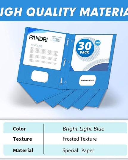 PANDRI Two Pocket Folders, 30 Pack with Prongs, Letter Size, Lightblue